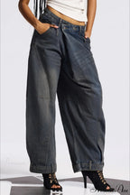 Asymmetric Waist Washed Low Waist Flare Wide Leg Jeans