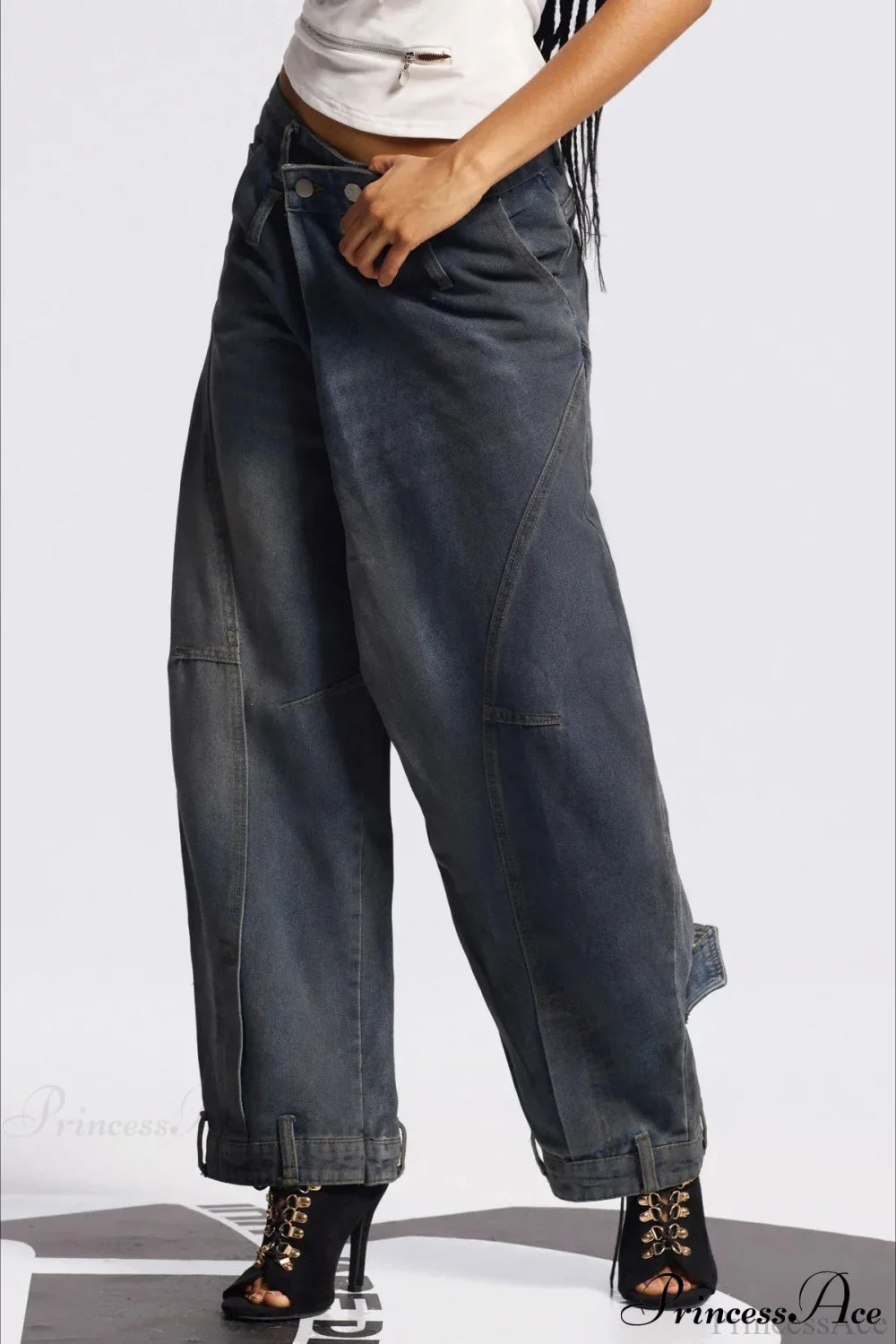 Asymmetric Waist Washed Low Waist Flare Wide Leg Jeans