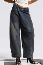 Asymmetric Waist Washed Low Waist Flare Wide Leg Jeans
