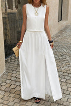 Minimalist matching long skirt and round neck sweater set