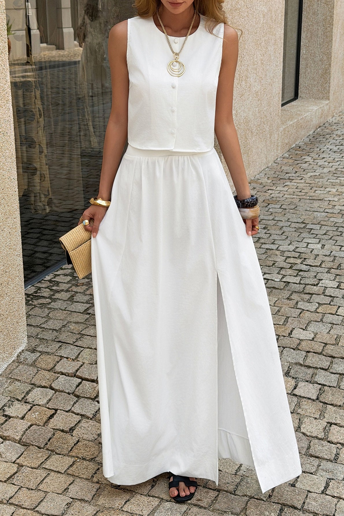 Minimalist Solid Crew Neck Maxi Skirt Set