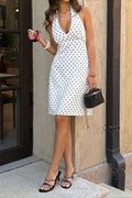 Polka Dot Halter Deep V Waist Midi Dress