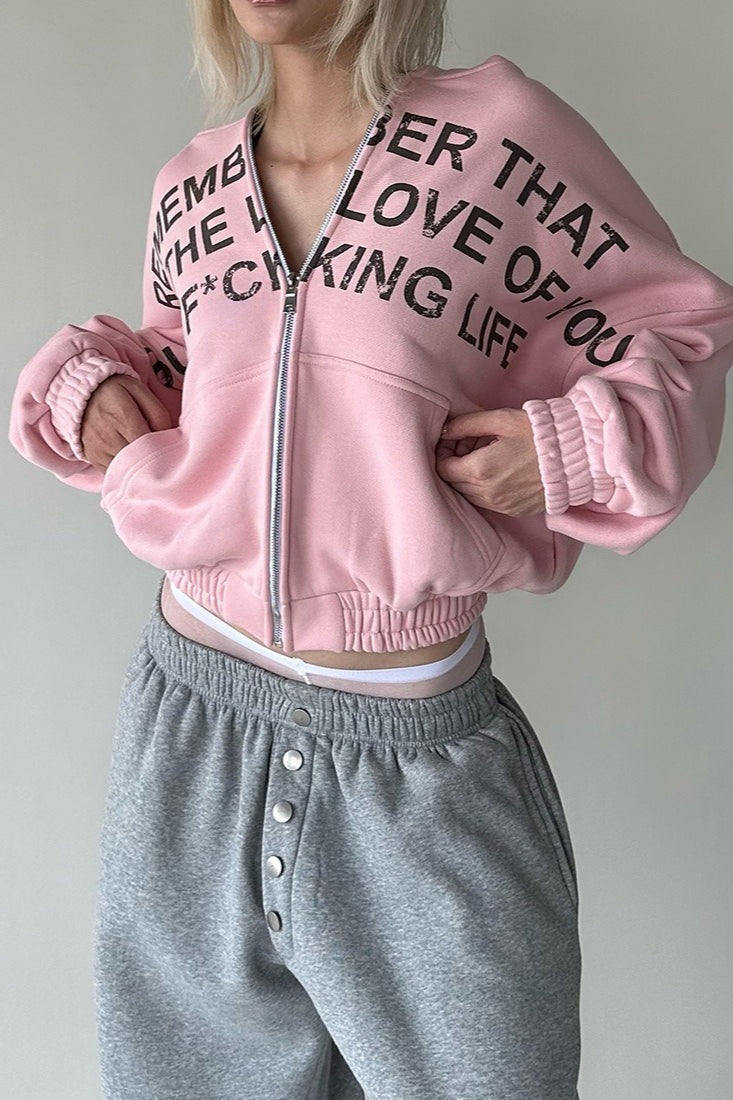 Sudadera con Capucha Corta Estampada y Bajo Elástico