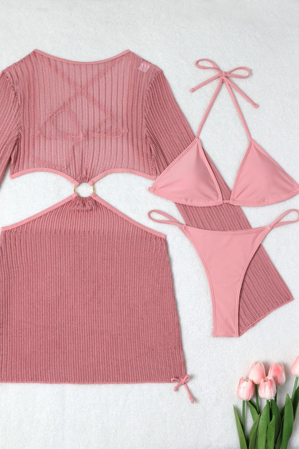 Mesh Hollow Out Drawstring Tie Three Piece Swim Set