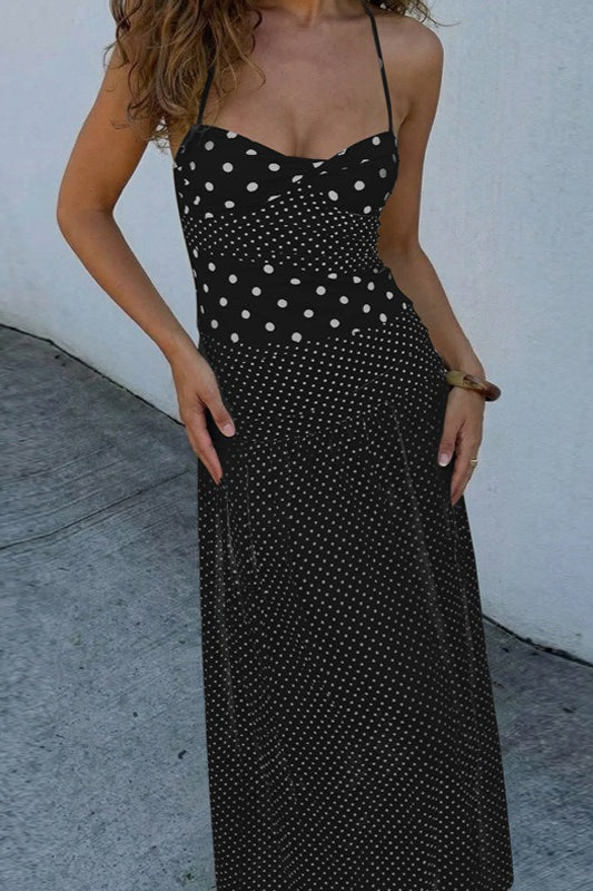 Retro Polka Dot Patchwork Halter Ruched Maxi Dress