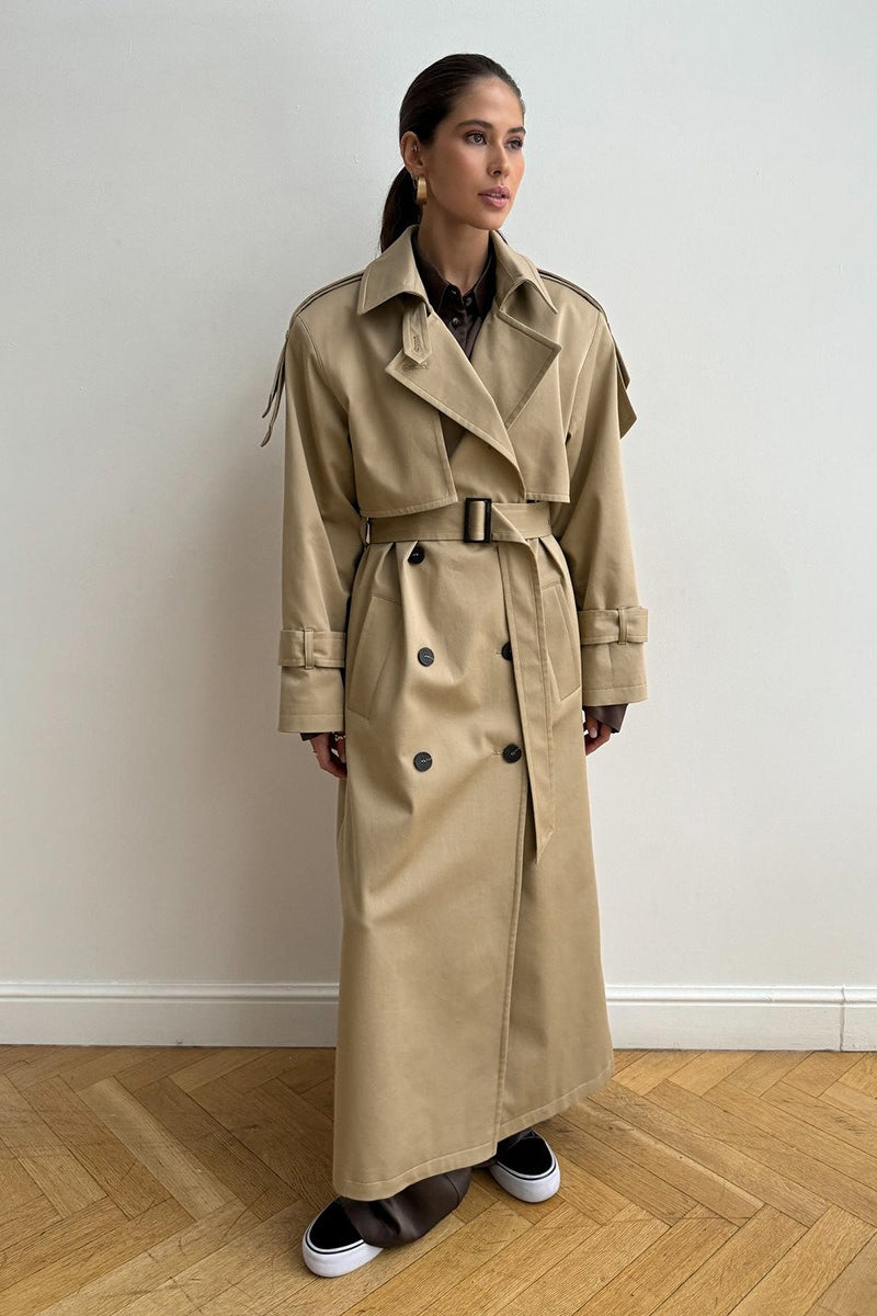 Extra Long Belted Waist Cotton Overcoat