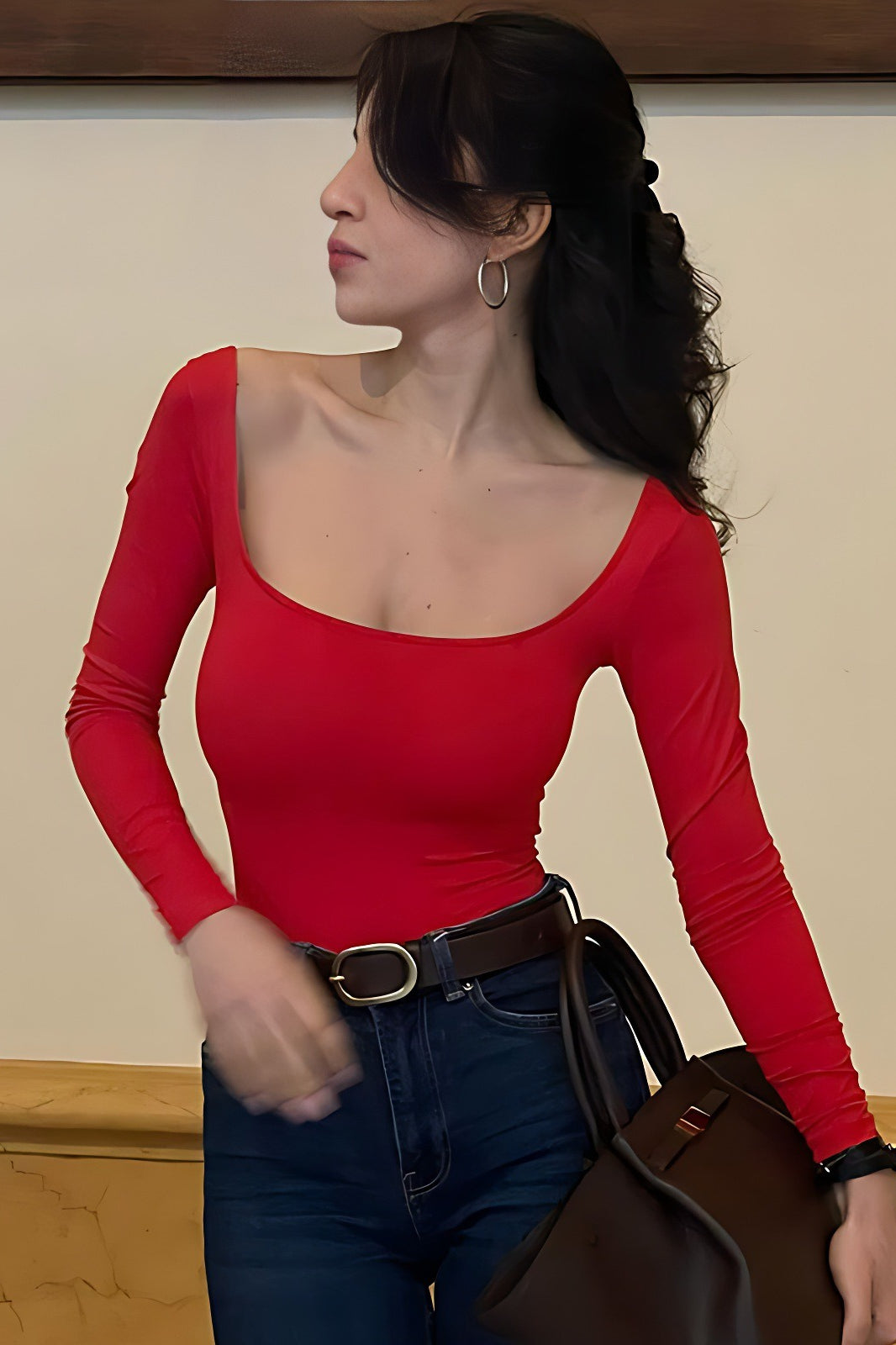 Solid Square Neck Bodycon Long Sleeve Tee