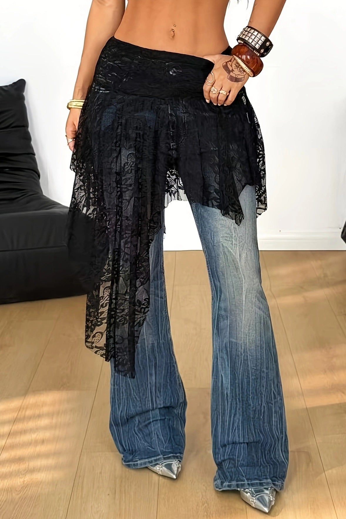 Y2K Punk Lace Asymmetric Midi Skirt