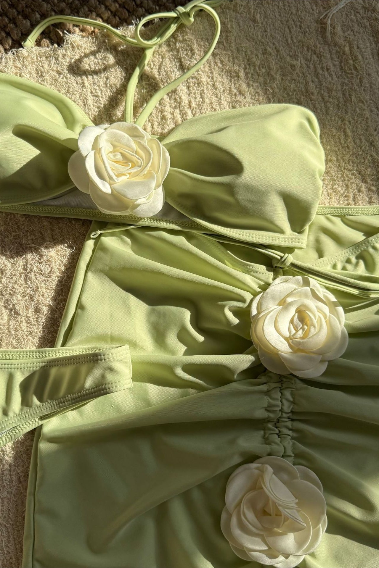 Solid 3D Floral Mini Skirt Three Piece Swim Set