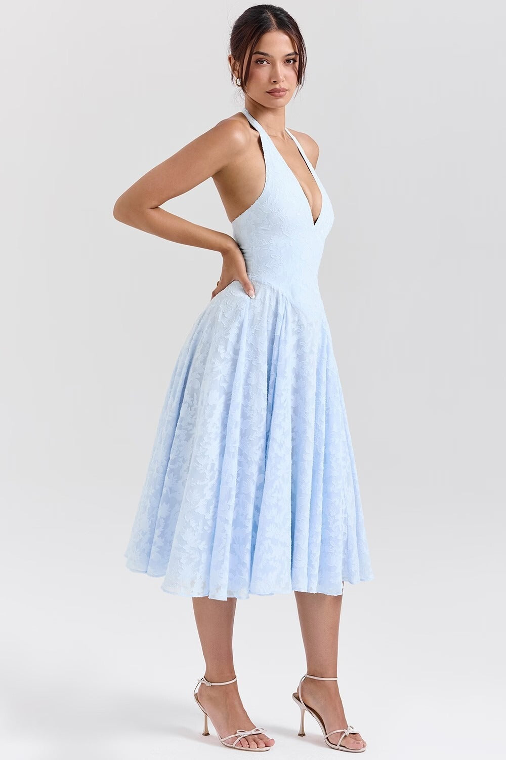 Romántico Azul Halter Jacquard Vestido de Fiesta