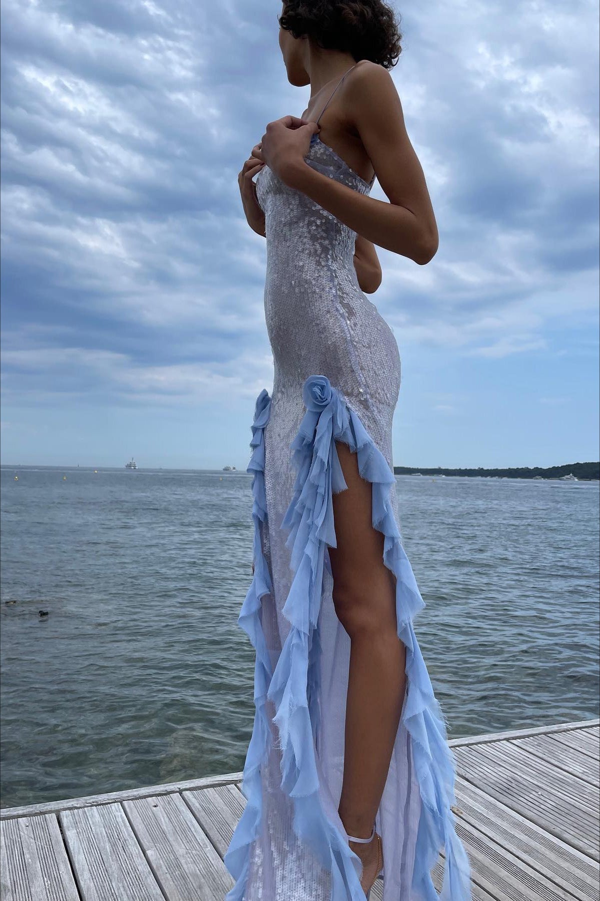 Sexy Lentejuelas Transparente Volantes Vestido Maxi