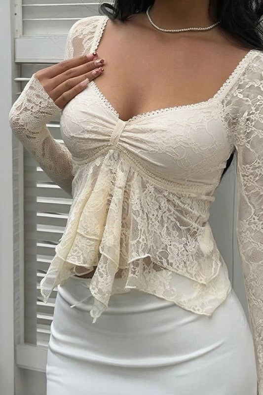 Sheer Lace Backless Flounce Hem Blouse