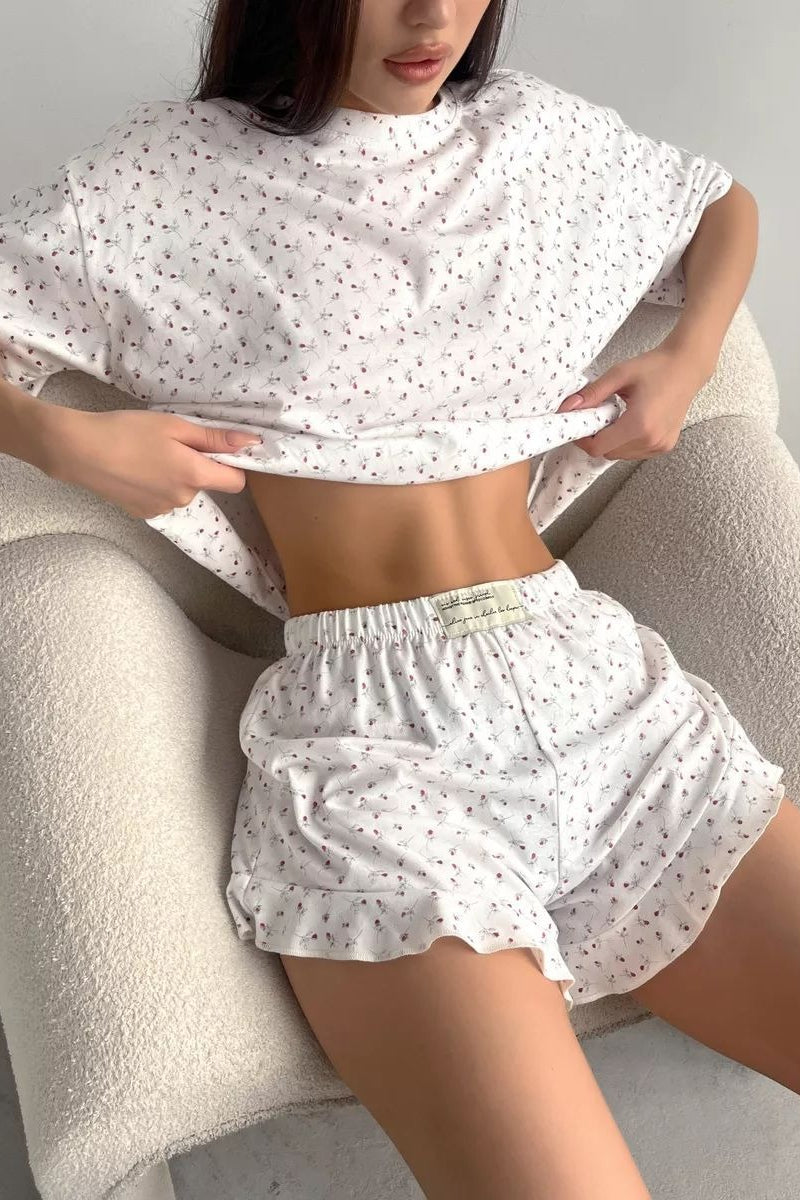 Floral Print Crew Neck Lounge Shorts Set