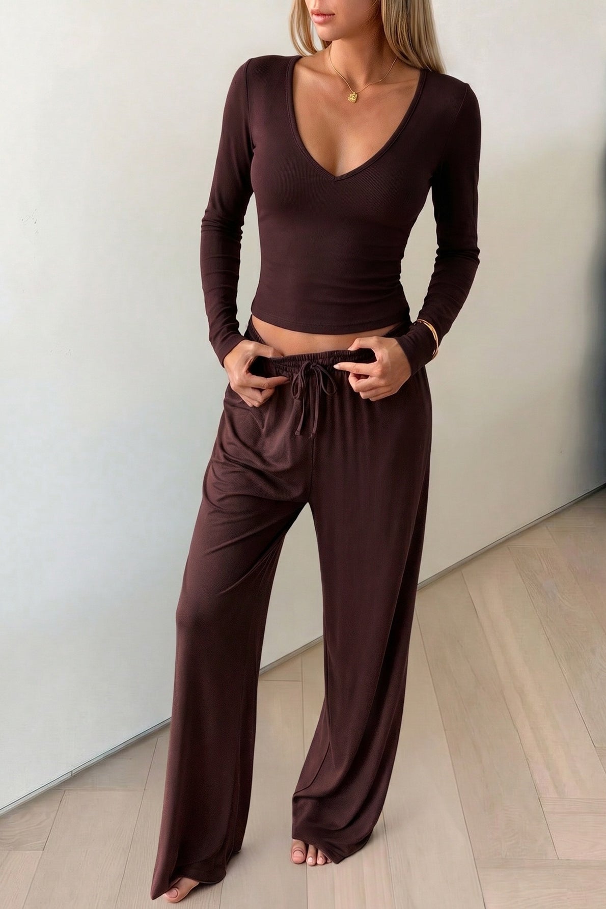 Brown Deep V Fitted Active Pants Set