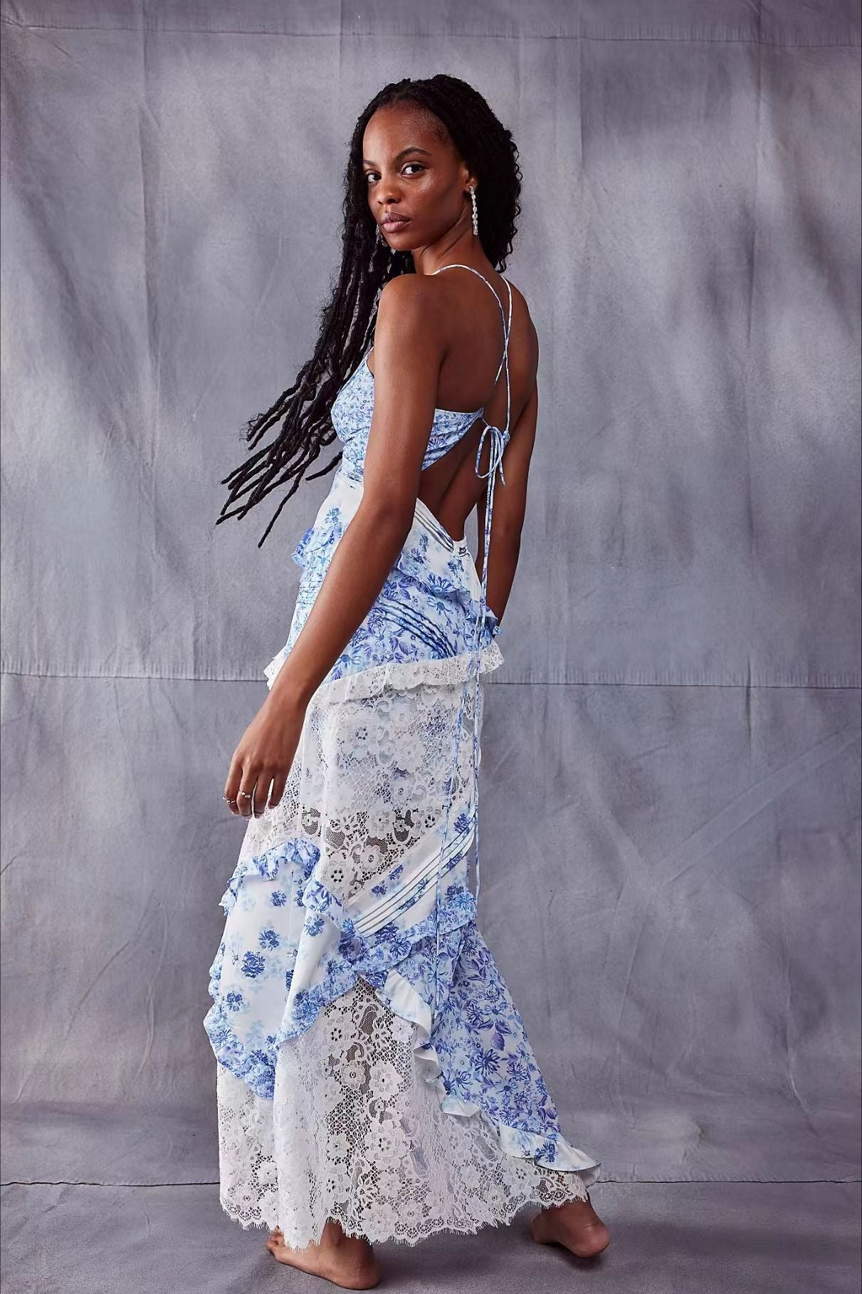 Floral Lace Panel Deep V Spaghetti Strap Maxi Dress