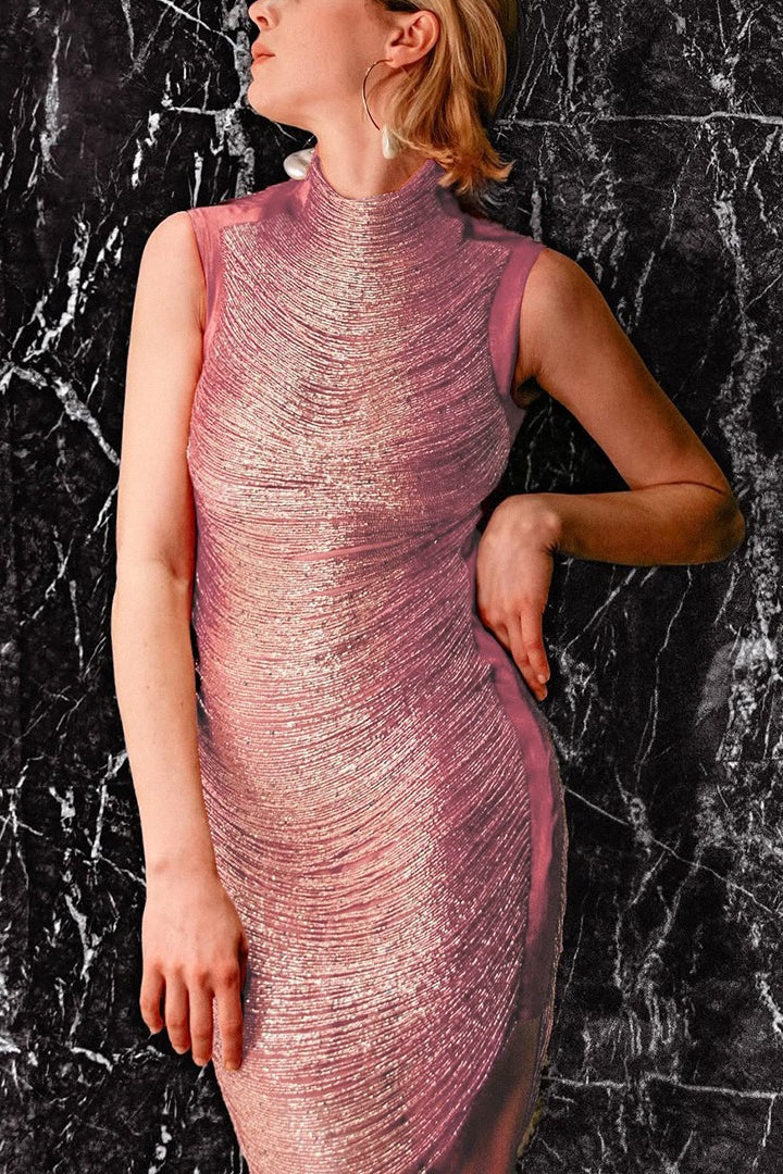Rosa Con Flecos Vendaje Vestido de Fiesta