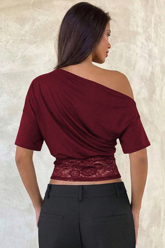 Asymmetrical Shoulder Lace Patchwork Cropped Tee