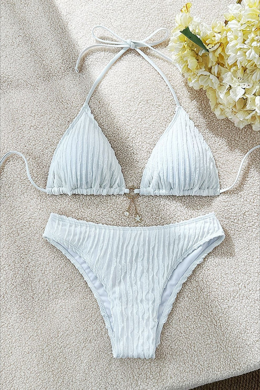 Textured Drawstring Tie Bikini Set
