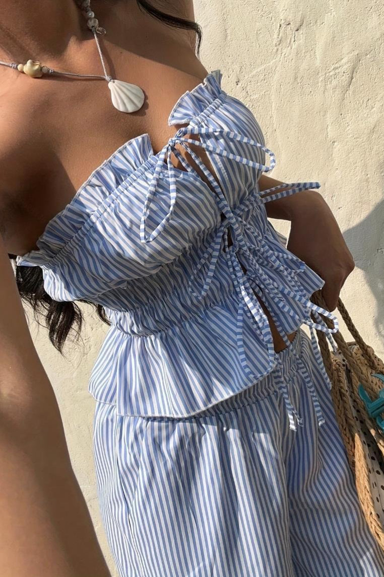 Striped Tie Front Tube Top Pants Set