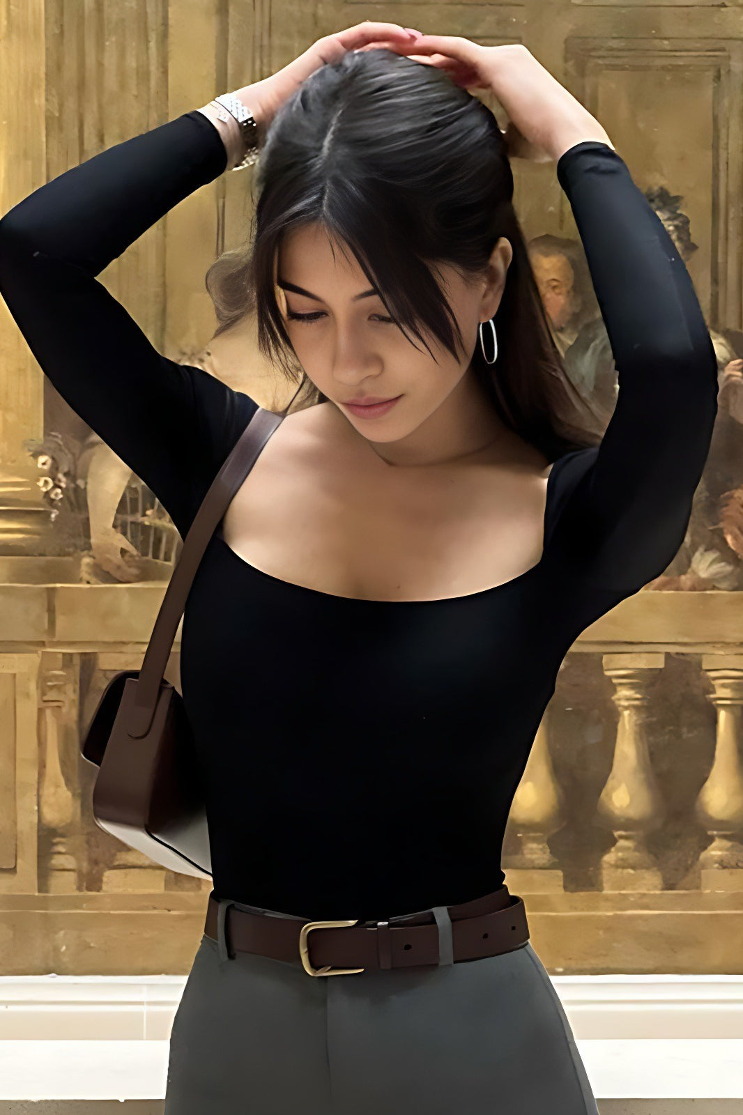 Solid Square Neck Bodycon Long Sleeve Tee