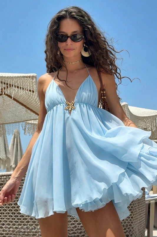 Halter V Neck Backless Metal Accent Mini Dress