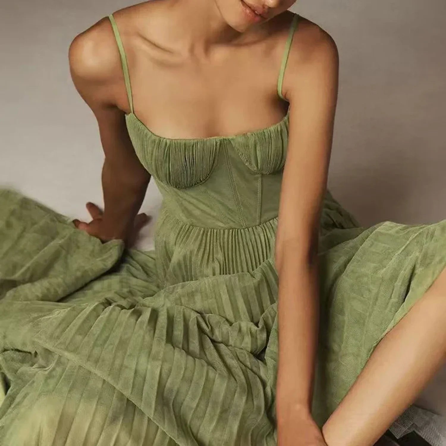 Vestido Midi de Tiras Finas, Espalda Descubierta con Cordones