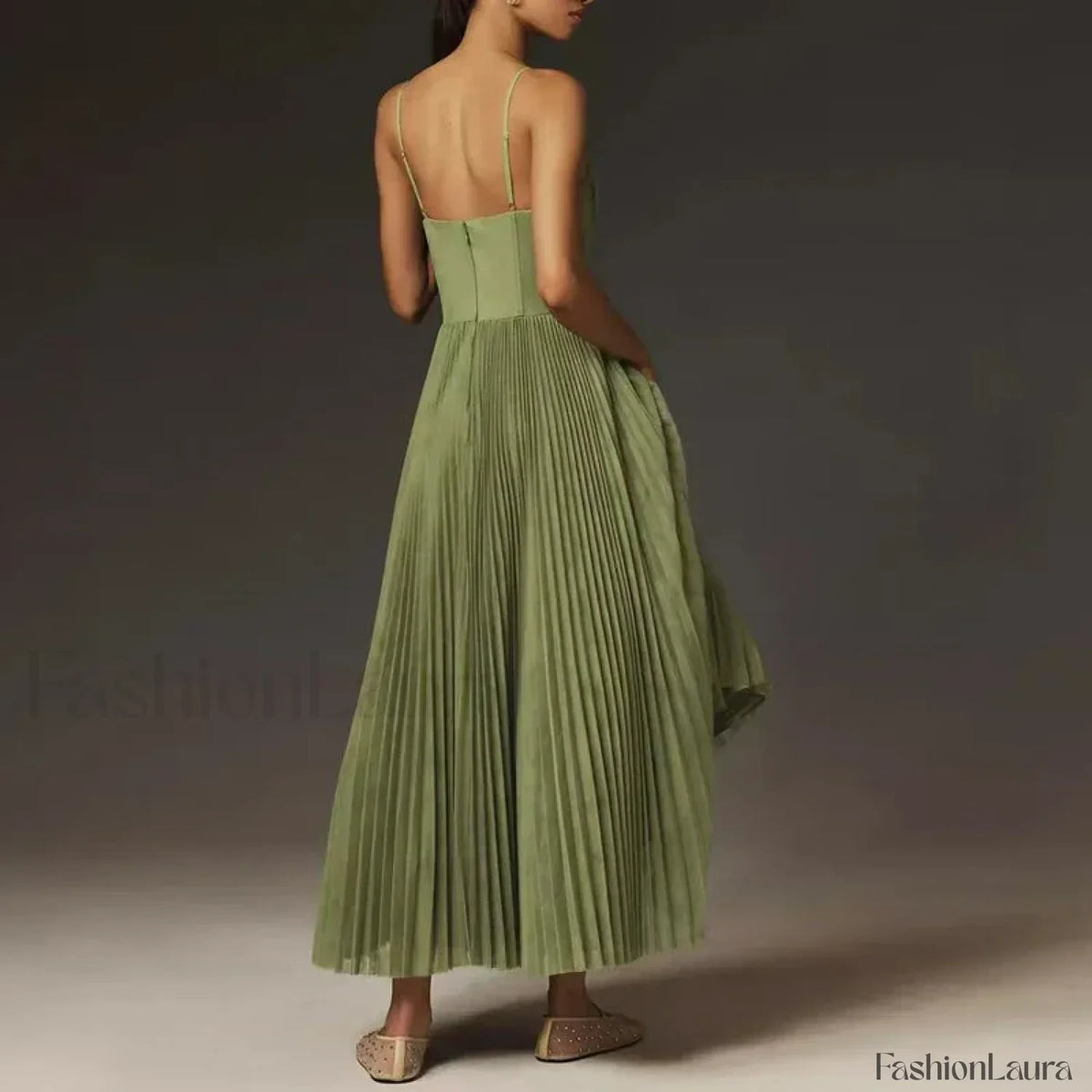 Vestido Midi de Tiras Finas, Espalda Descubierta con Cordones