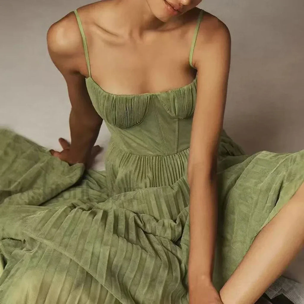 Vestido Midi de Tiras Finas, Espalda Descubierta con Cordones