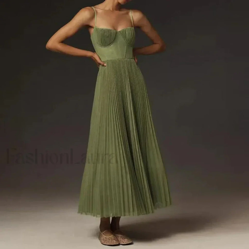 Vestido Midi de Tiras Finas, Espalda Descubierta con Cordones