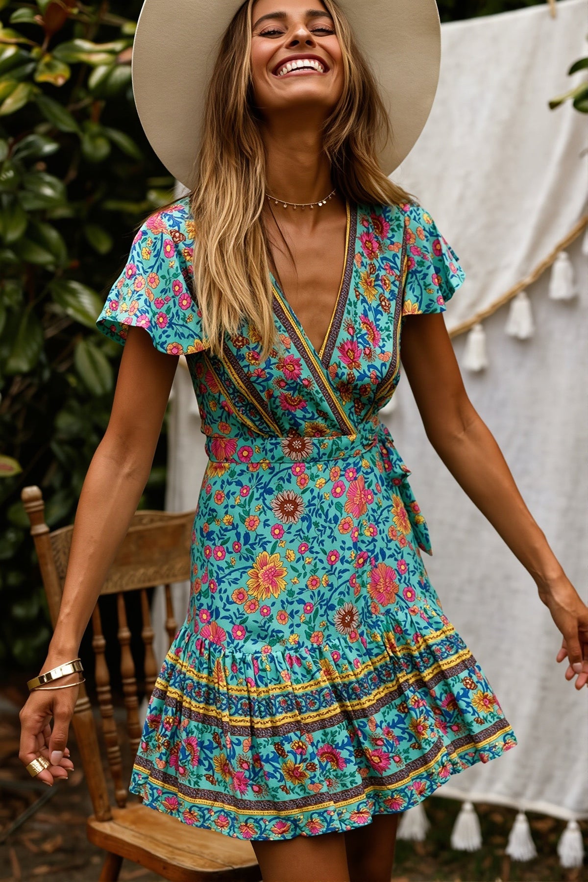 Mini V Neck Floral Print Boho Dress