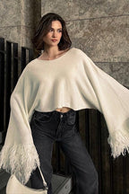 Corto (Cropped) Con Flecos Oversize Manga Larga Suéter