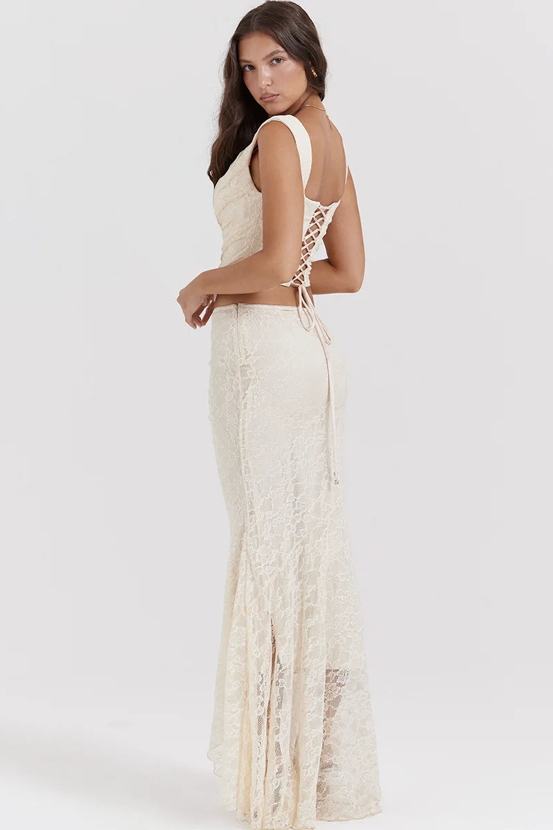 Elegant Lace-Up Crop Top & Maxi Skirt Boho Dress