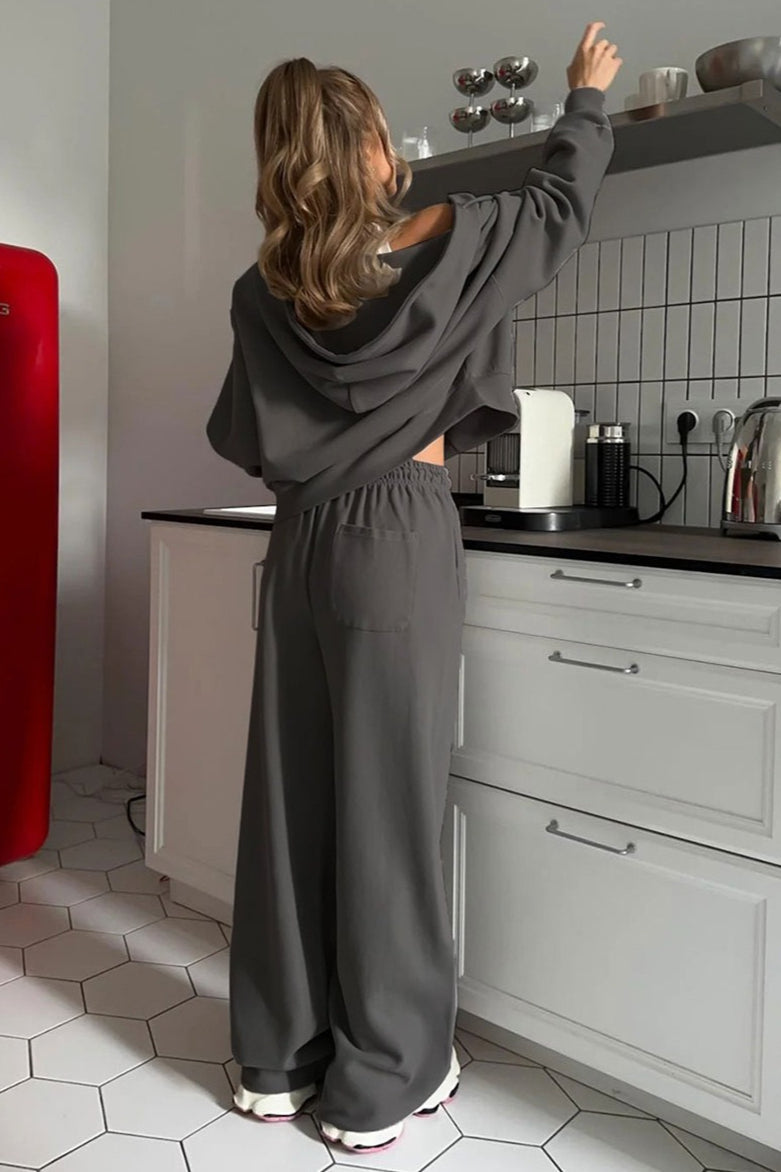 Zipper Hoodie Long Sleeve Wide Leg Pants Two Piece Set