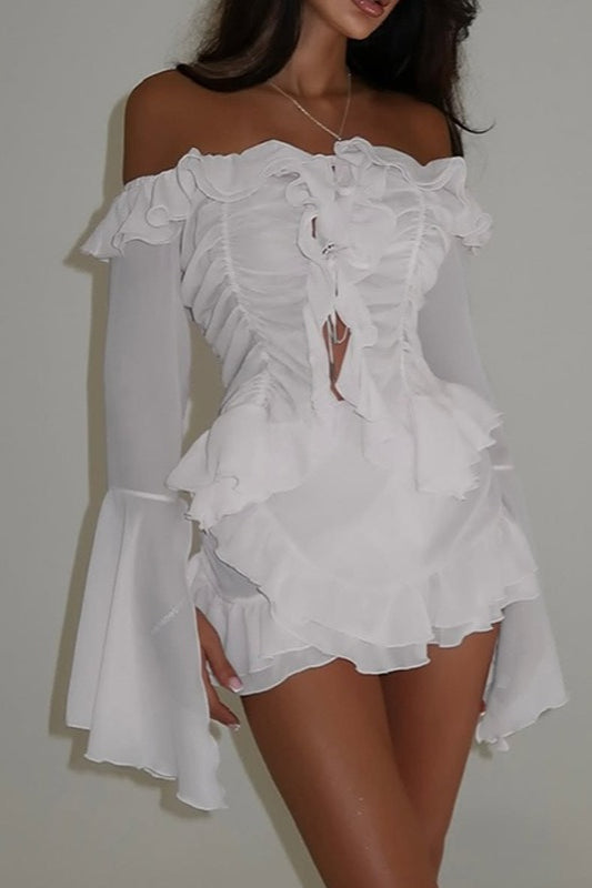 Manga Obispo Hombros Descubiertos Conjunto de Blusa y Falda con Volantes en Capas