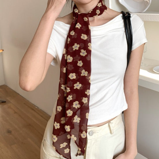 Vintage Floral Long Lightweight Neck Ribbon Scarf