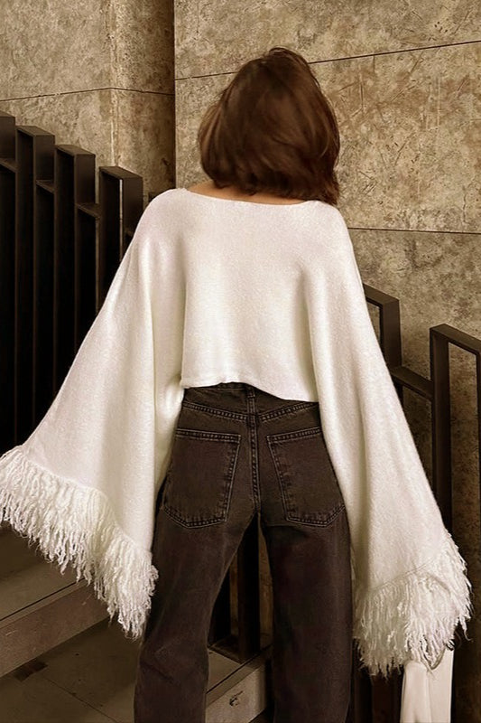 Corto (Cropped) Con Flecos Oversize Manga Larga Suéter