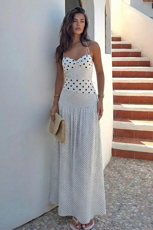 Retro Polka Dot Patchwork Halter Ruched Maxi Dress