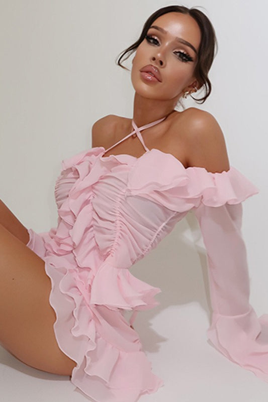Manga Obispo Hombros Descubiertos Conjunto de Blusa y Falda con Volantes en Capas