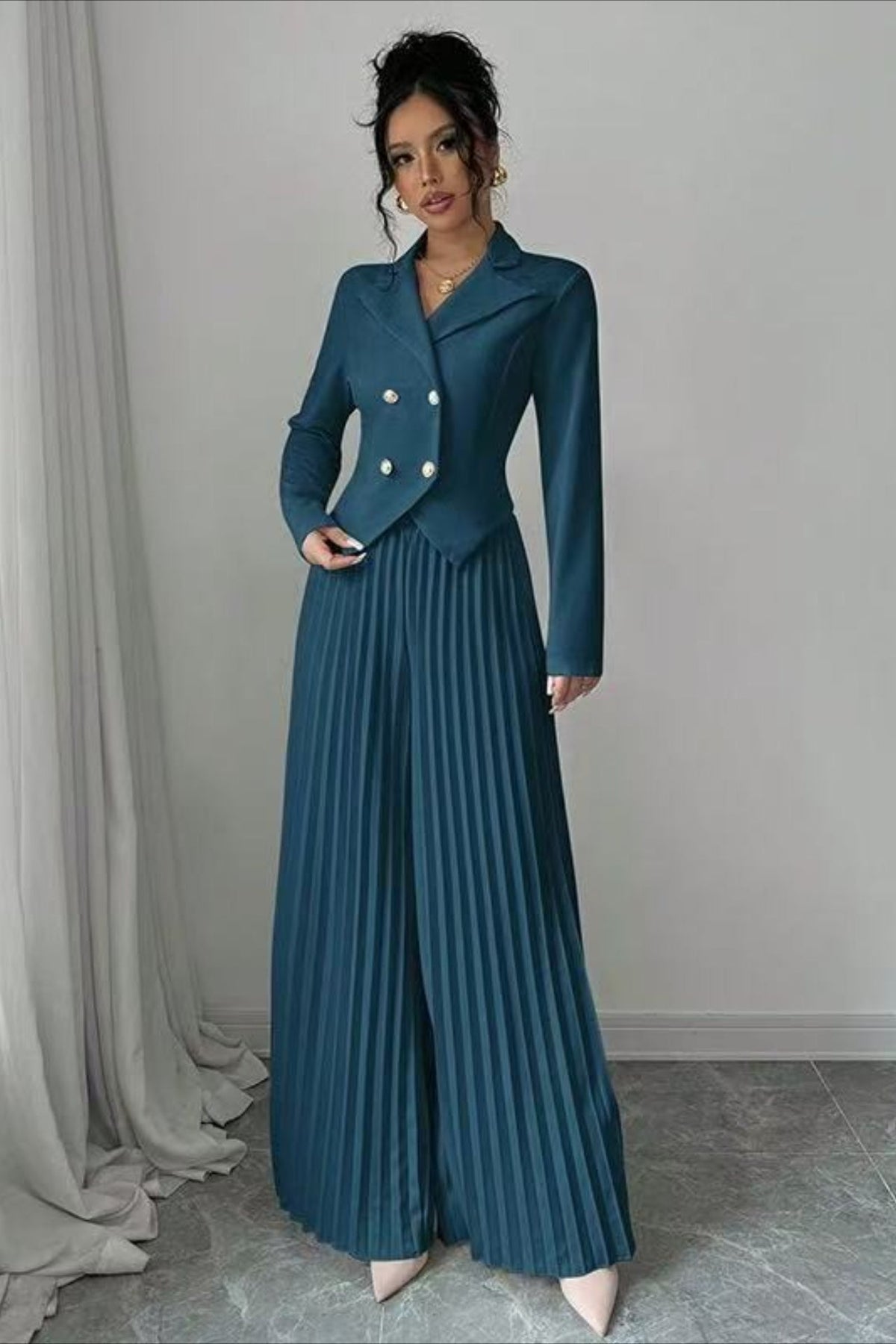 Tailored Pleated Two Piece Blazer Pants Set