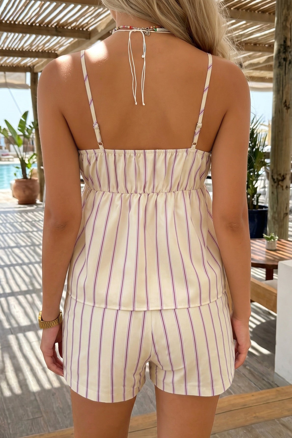 Relaxed Fit Stripe Lace Up Shorts Set