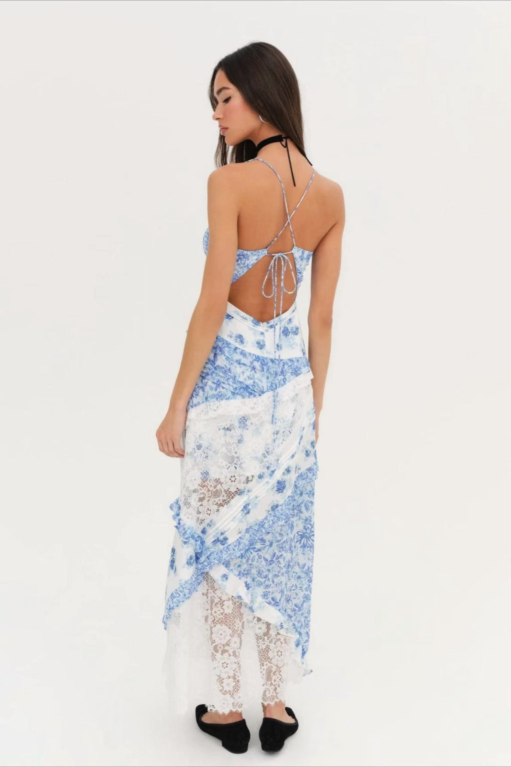 Floral Lace Panel Deep V Spaghetti Strap Maxi Dress
