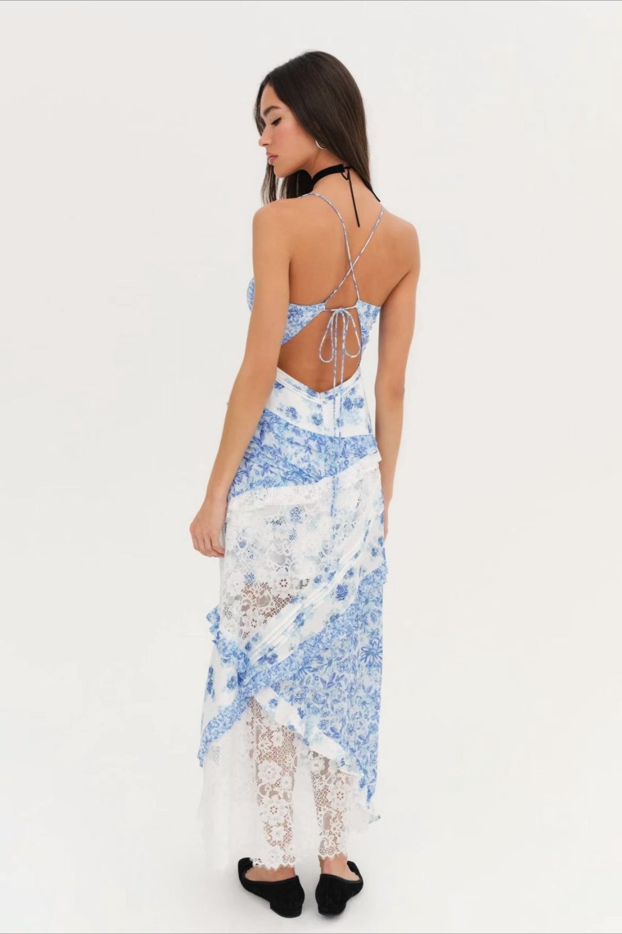 Floral Lace Panel Deep V Spaghetti Strap Maxi Dress