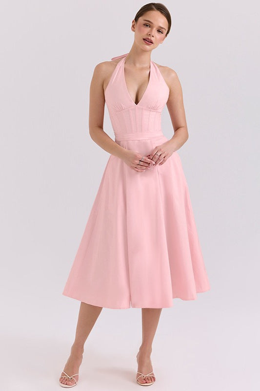 Elegante Escote Profundo en V Halter Espalda Descubierta Vestido Maxi de Fiesta