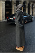 Long striped V-neck wool coat