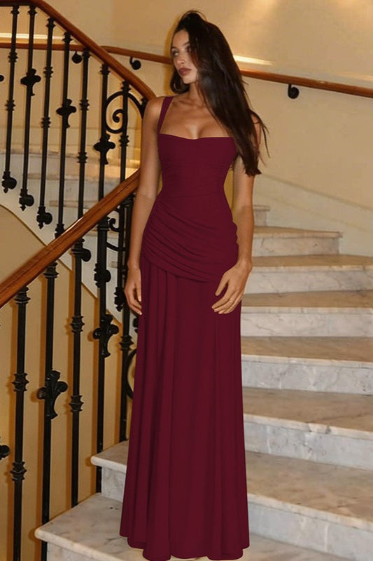 Elegant Solid Color Lace Up Ruched Maxi Dress