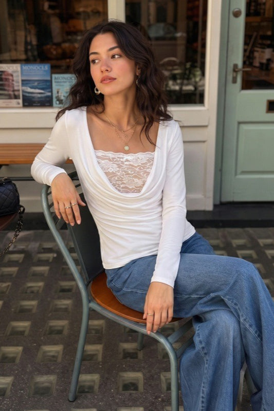 Lace Camisole Cowl Neck Long Sleeve Tee Set