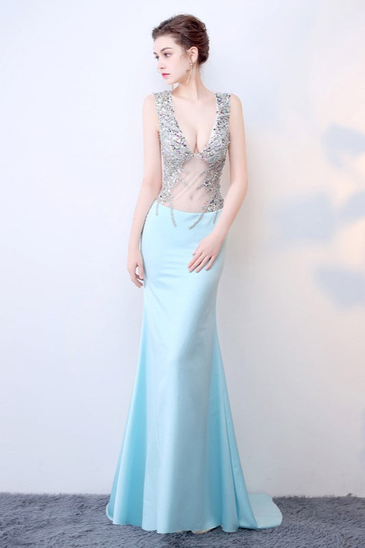 Transparente Azul Escote Profundo en V Vestido Maxi de Fiesta