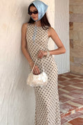 Apricot Polka Dot Backless Lace-Up Maxi Dress