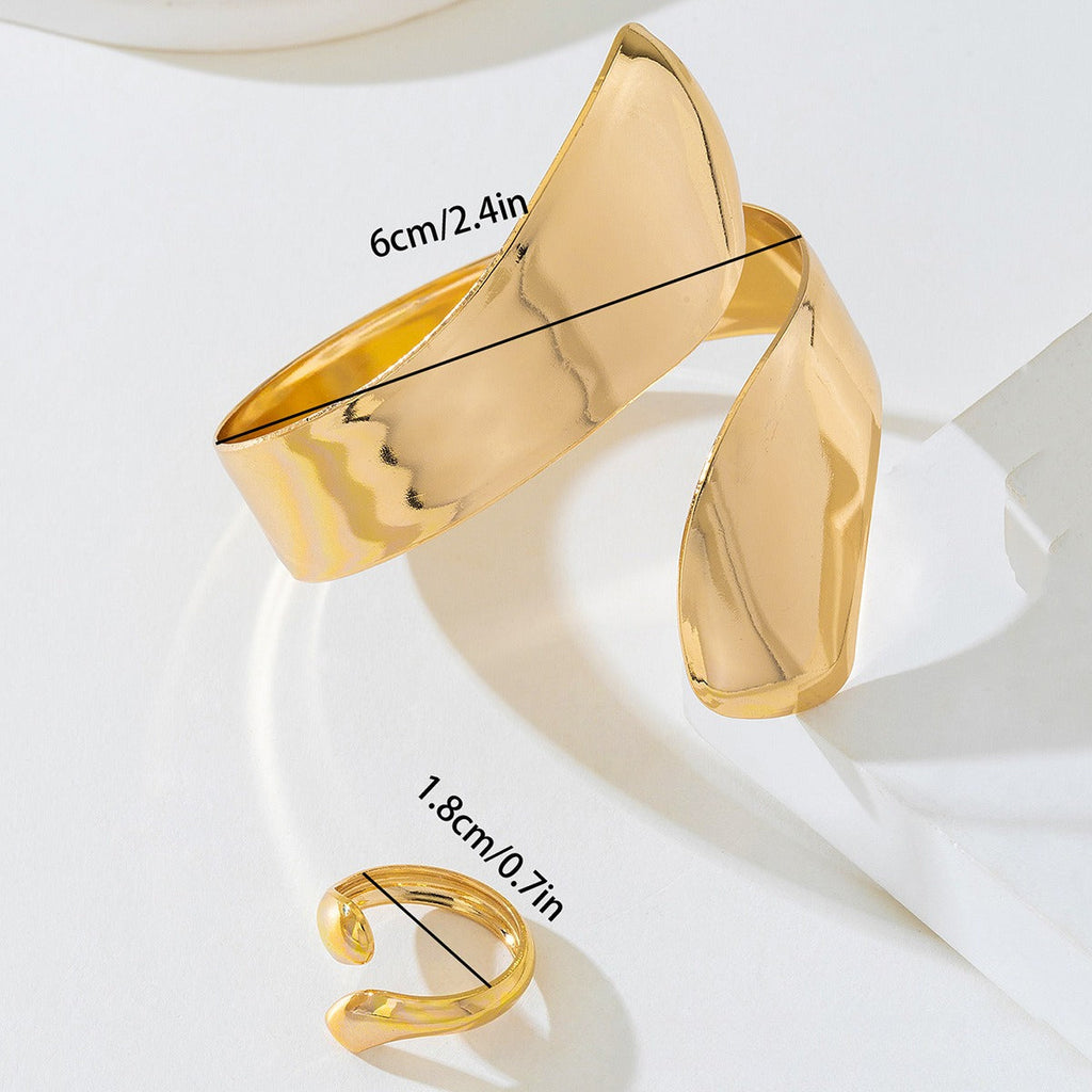 2-Pieza Irregular Metálico Statement Conjunto de Brazalete, Anillo y Pulsera