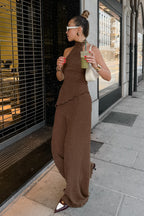 Green halter neck top and pleated wide-leg pants set